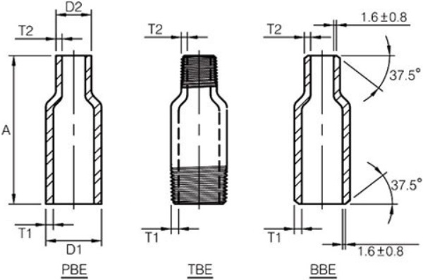 Drawing of conc. swage nipples: PBE, TBE, BBE.