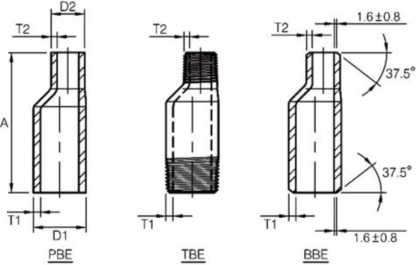 Drawing of ecc. swage nipples: PBE, TBE, BBE.