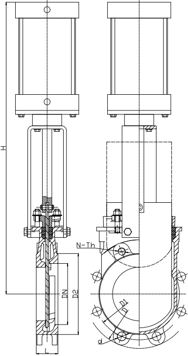 G.A. drawing of pneumatic-actuated knife gate valve